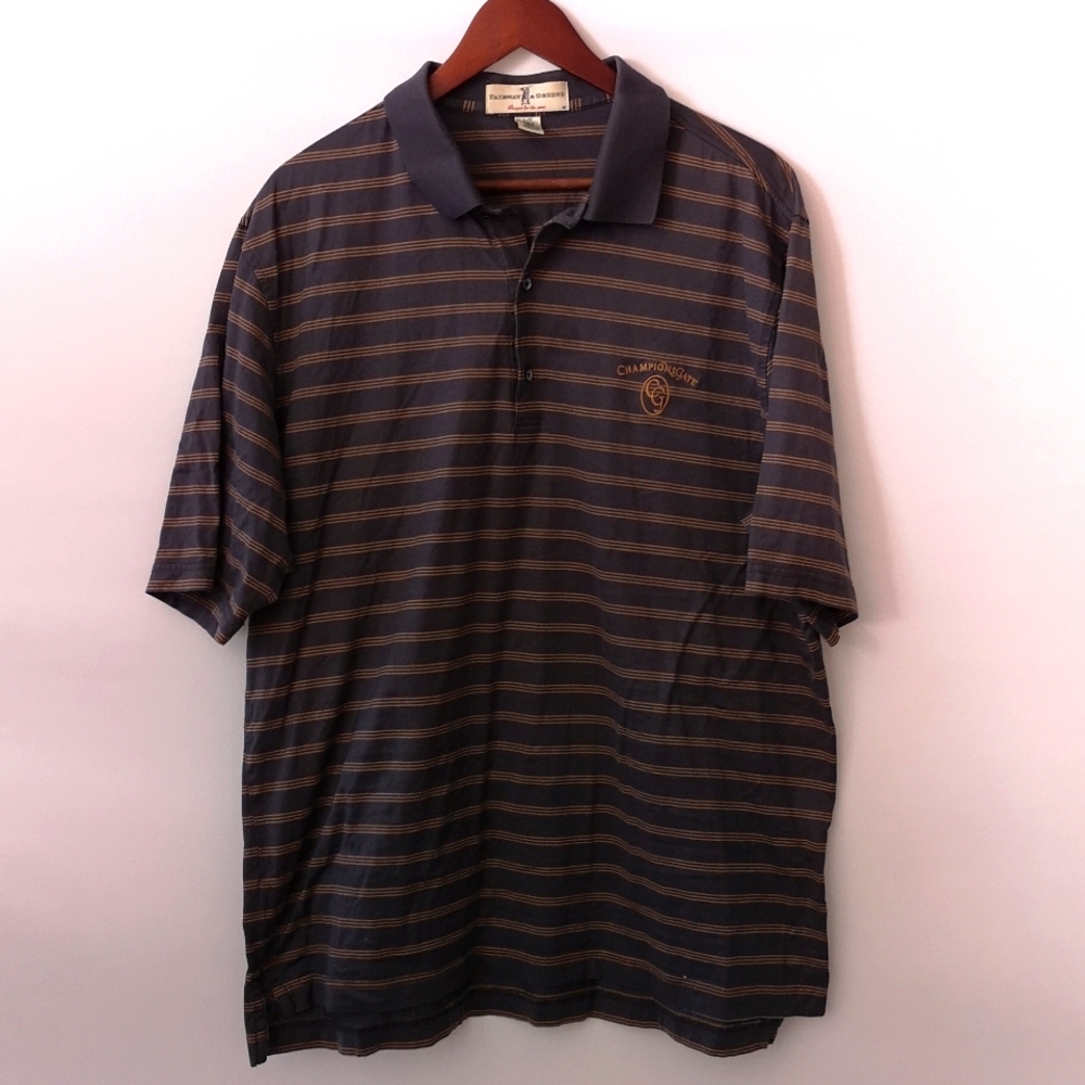 Fairway & Greene Men's Large Golf Shirt Grey w Brown-Tan Stripe Embroidered Logo